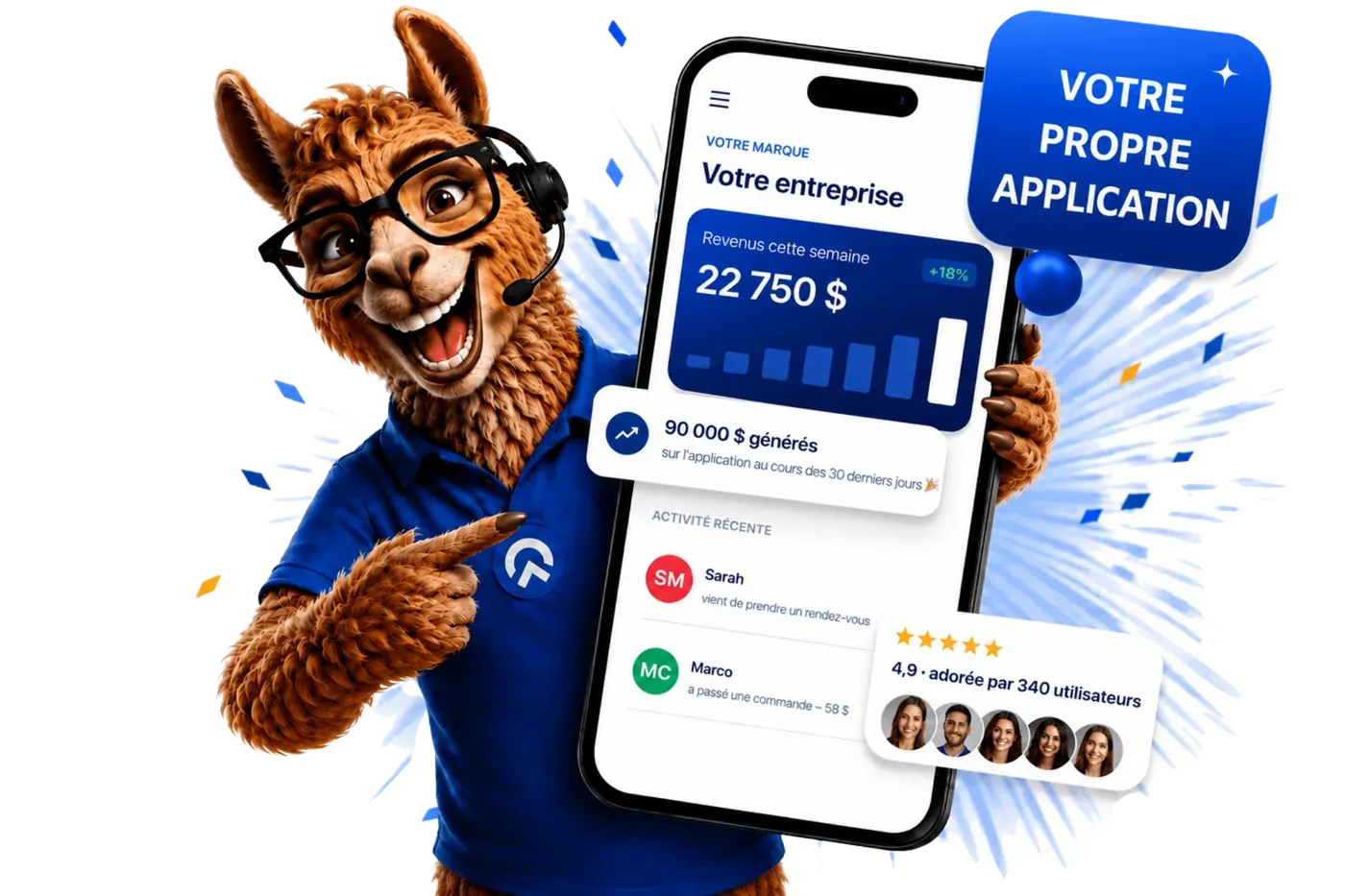 William, le lama Wimmov, présentant votre propre app à votre marque pour marques e-commerce — en ligne sur l'App Store et Google Play